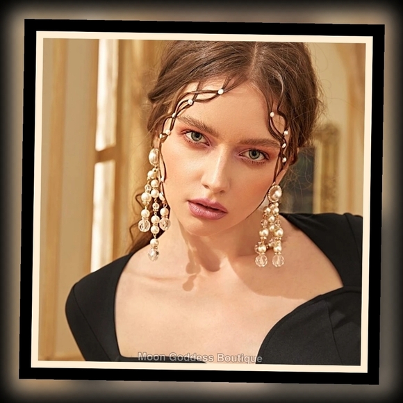 Victorian ✦ Faux Pearl Beaded Drop Earrings ✦ White Crystal Rondels ✦ Long NWT - Picture 5 of 8